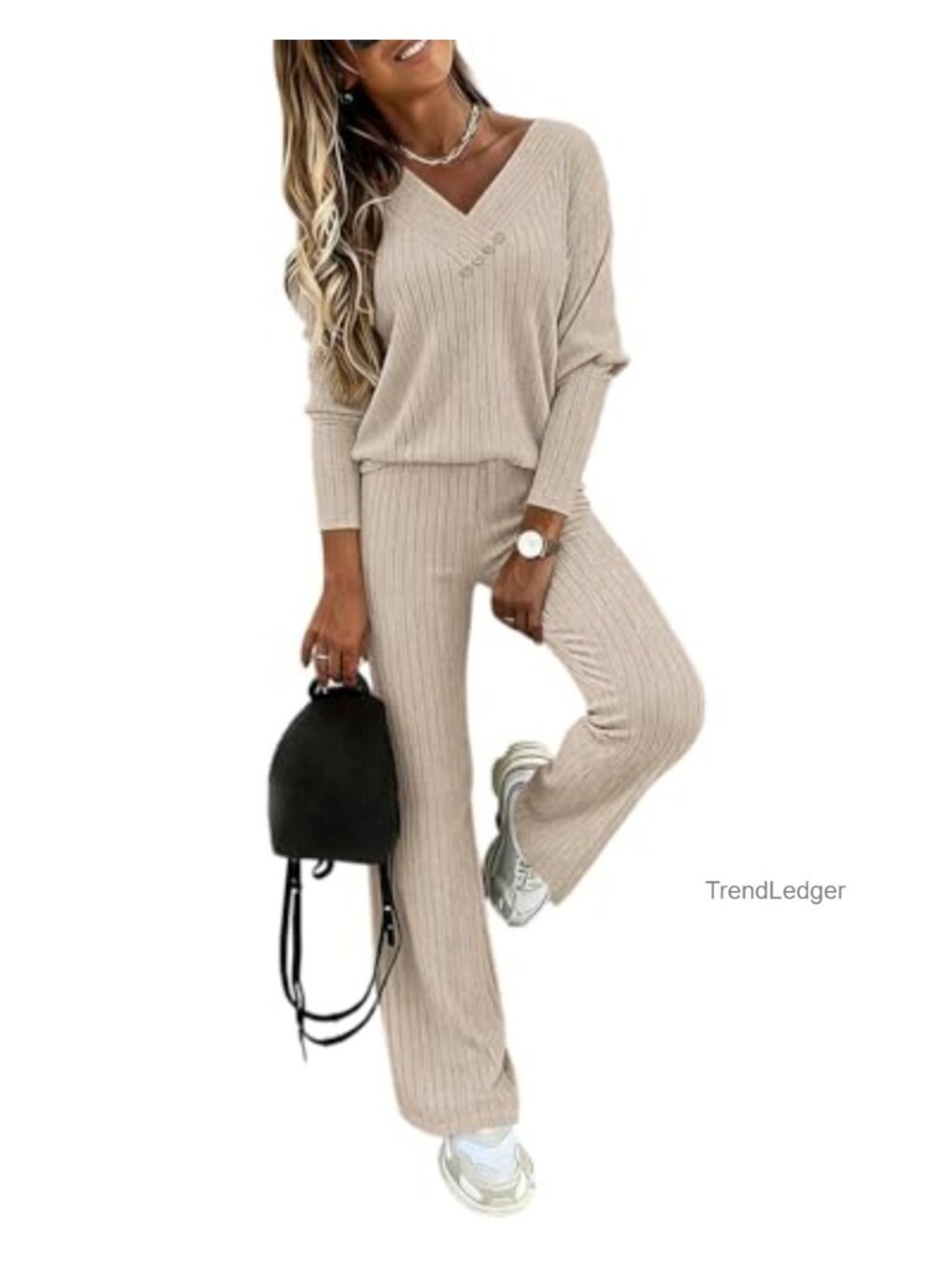 Women's Ribbed Knit 2 Piece Lounge Set Wide Leg Pants V Neck Button Top